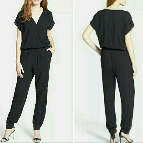 Olivia Moon Pants - SOLD OLIVIA MOON Drape Wrap Top Black Jumpsuit